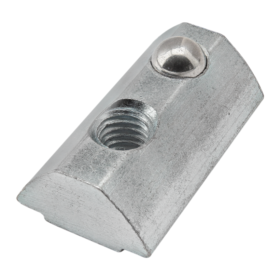 rectangular t-nut with a flat bottom and a rounded top with a threaded hole on one end and a metal ball set into the other end