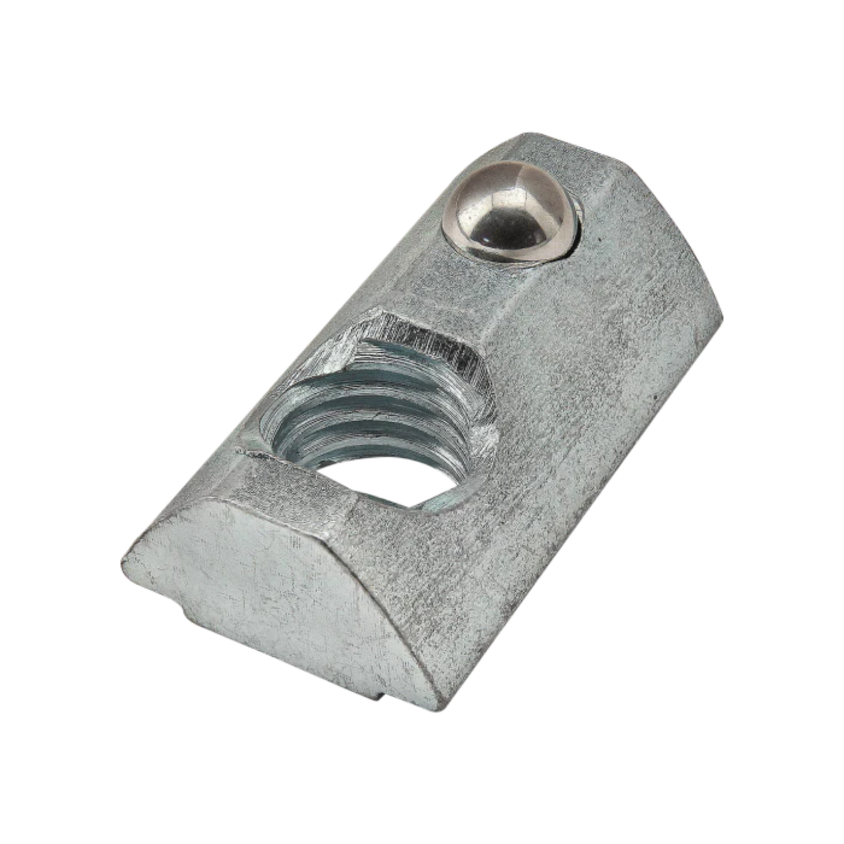 metal, rectangular t-nut with angled sides, and large threaded hole on top on one end and a ball spring on the top on the other end