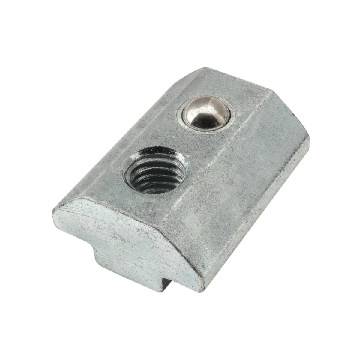 metal, rectangular t-nut with a flat bottom, a rounded top, a threaded hole on one end and a ball spring on the other end