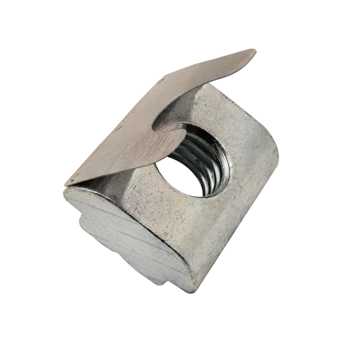 metal, rectangular t-nut with a threaded hole in the center and a raised metal cover
