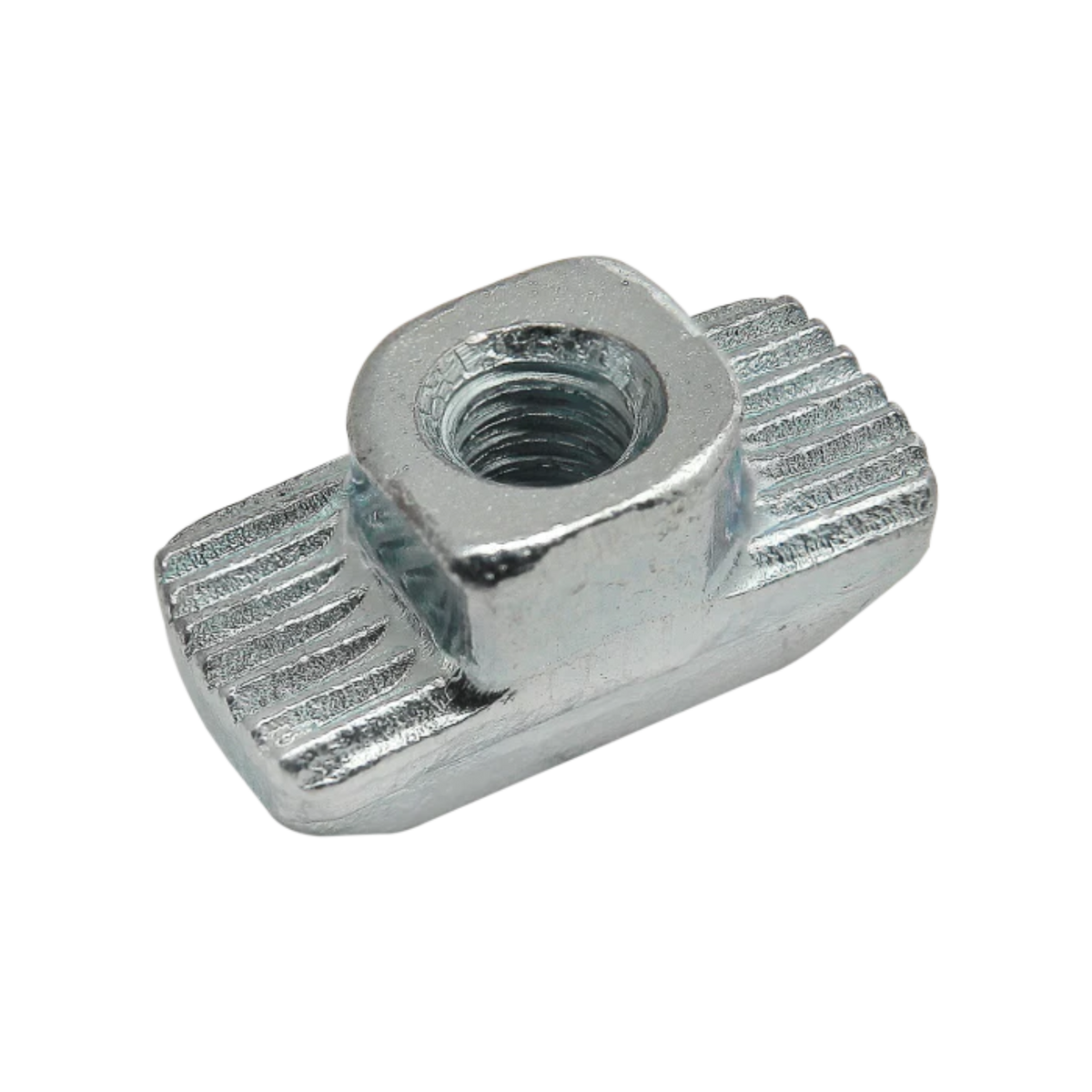 metal rectangular t-nut with threaded port in the center and grooves on the sides