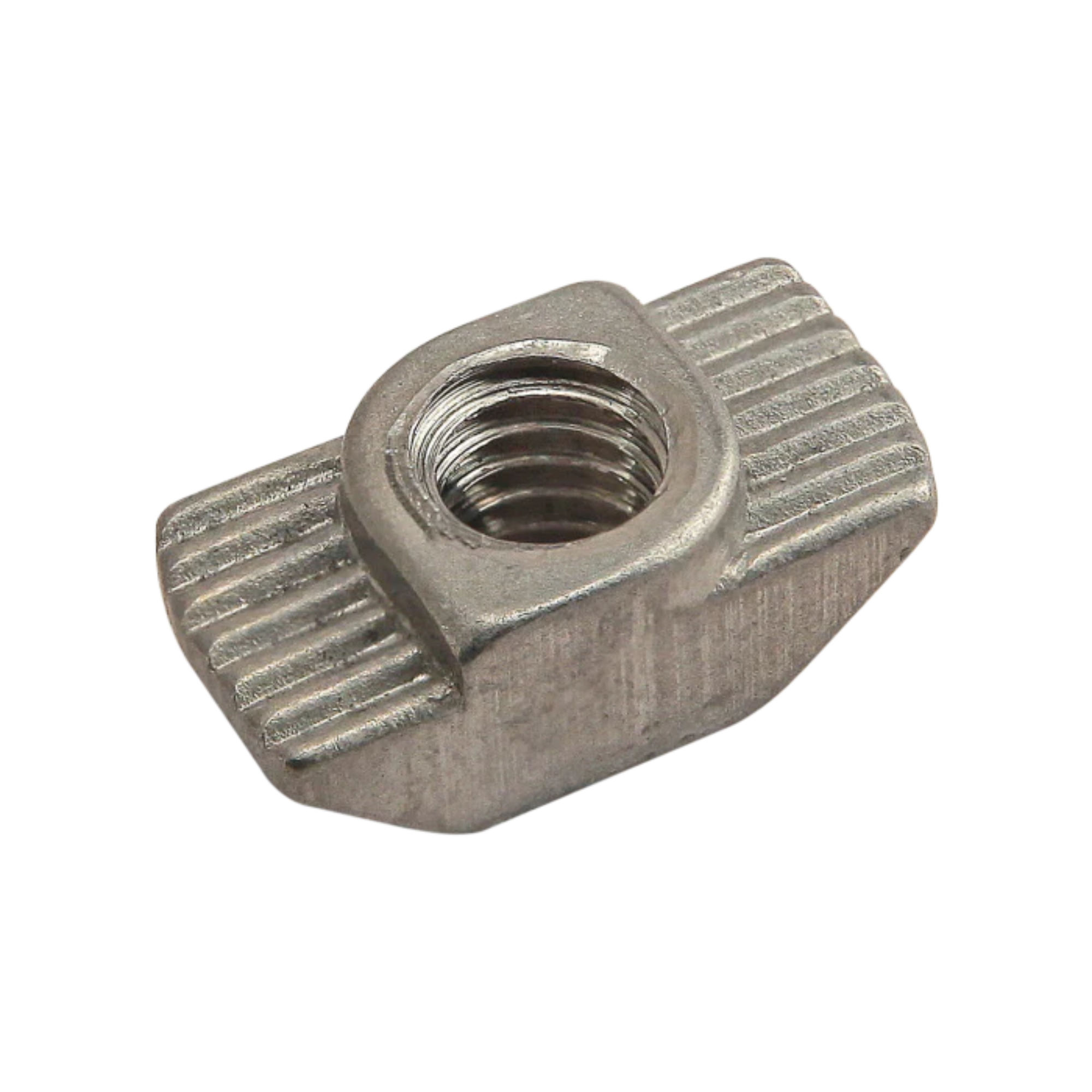 metal, rectangular t-nut with an angled bottom, a raised center with a threaded hole in the center