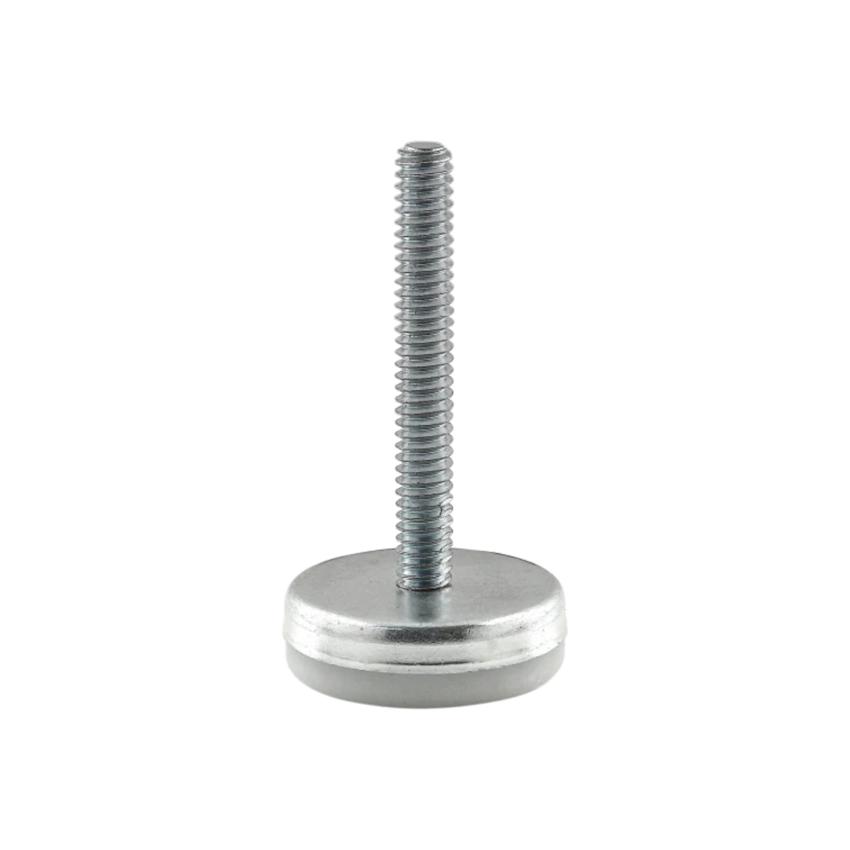 round nickel plated metal base at the bottom with a long threaded stem inserted into the middle