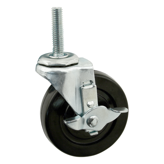 side view of a swivel caster wheel with a lever in the center of the wheel and a screw at the top left side of the wheel