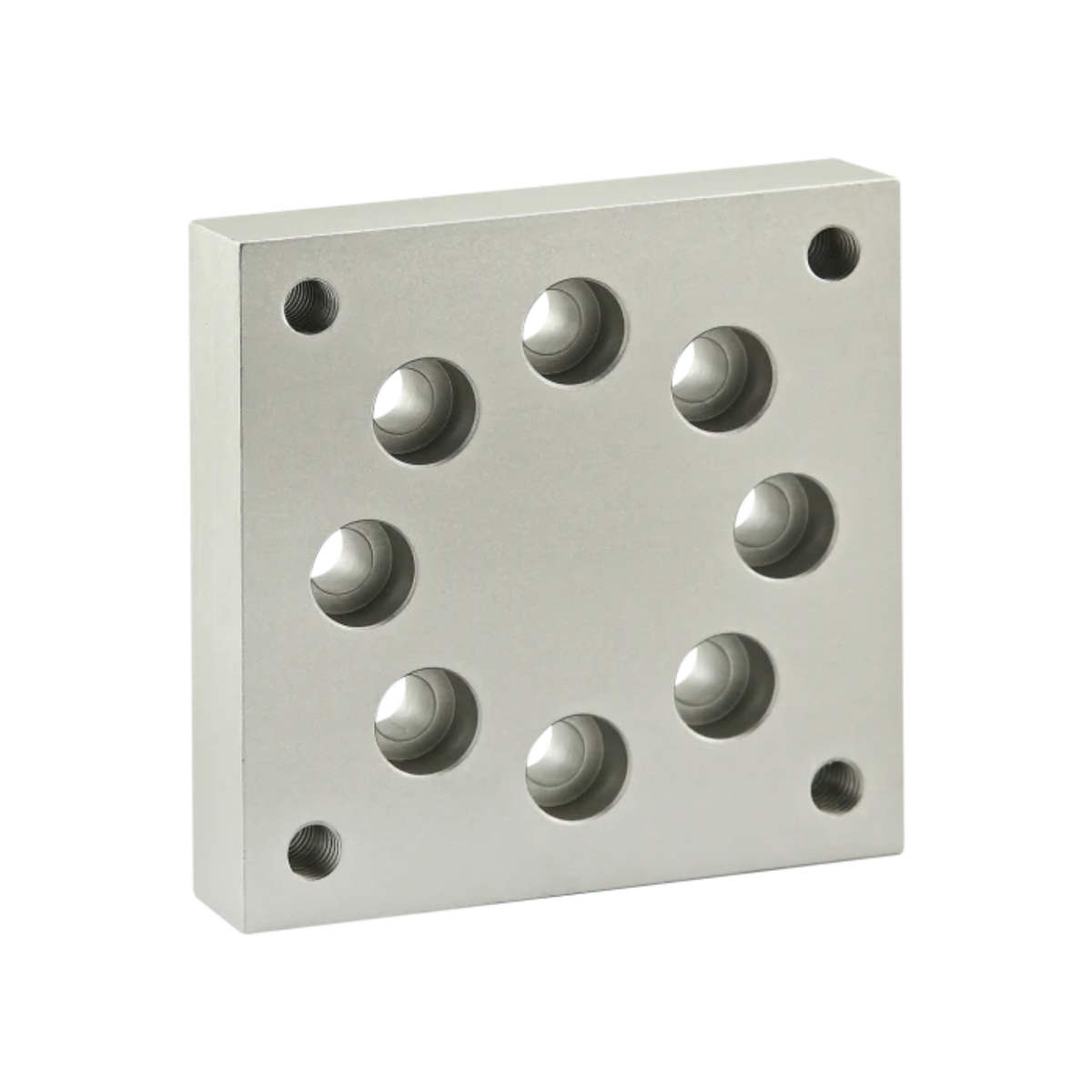 square caster plate with eight holes positioned in a circle in the center and a mounting hole on each corner
