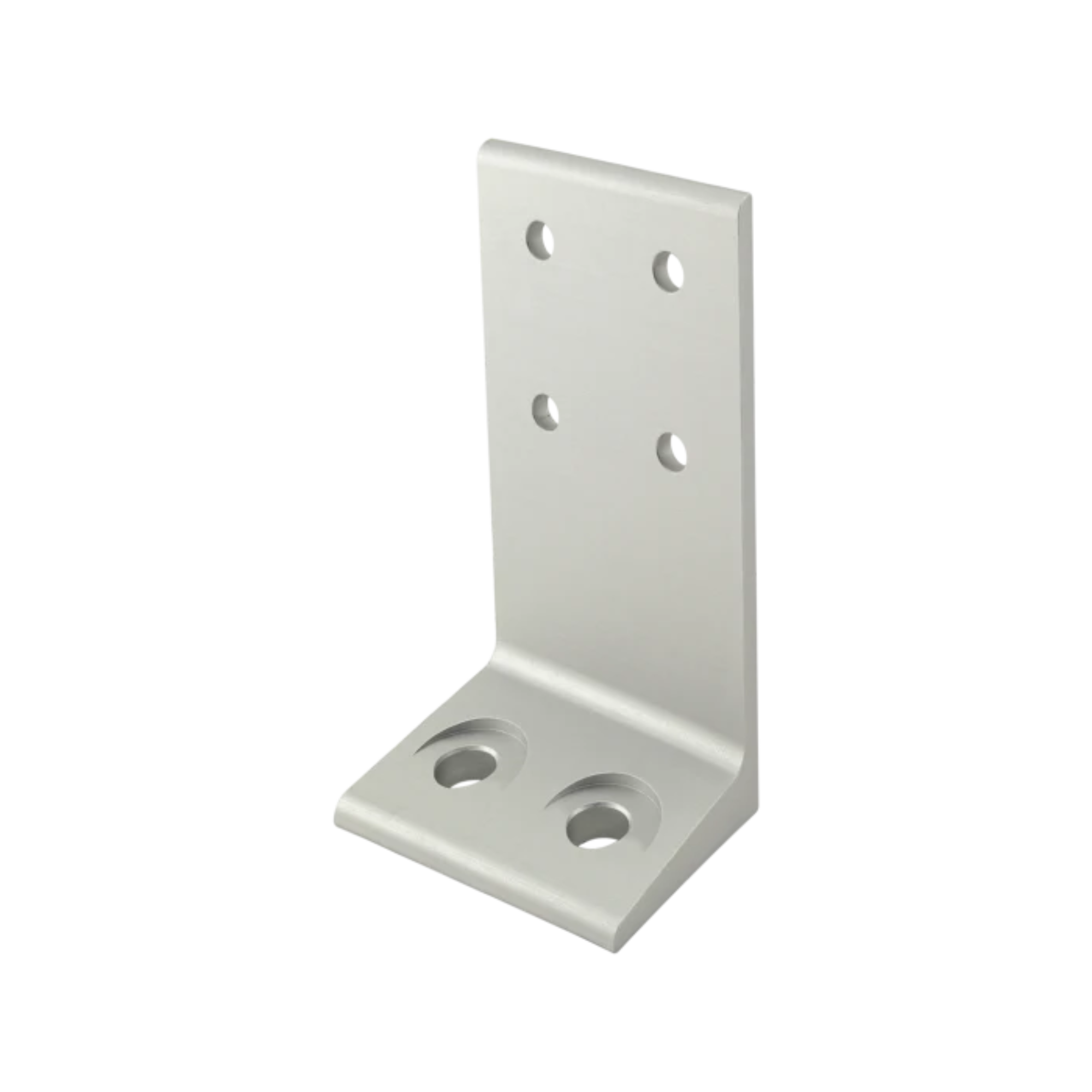 L-shaped, aluminum floor mount bracket with two sunken mounting holes on the bottom piece and four mounting holes on the side piece