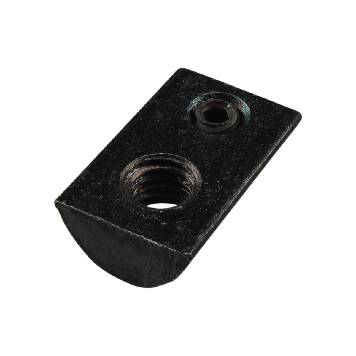 black, rectangular, metal t-nut with a rounded bottom, a flat top, with a threaded hole on one side and a screw set in a hole on the other side