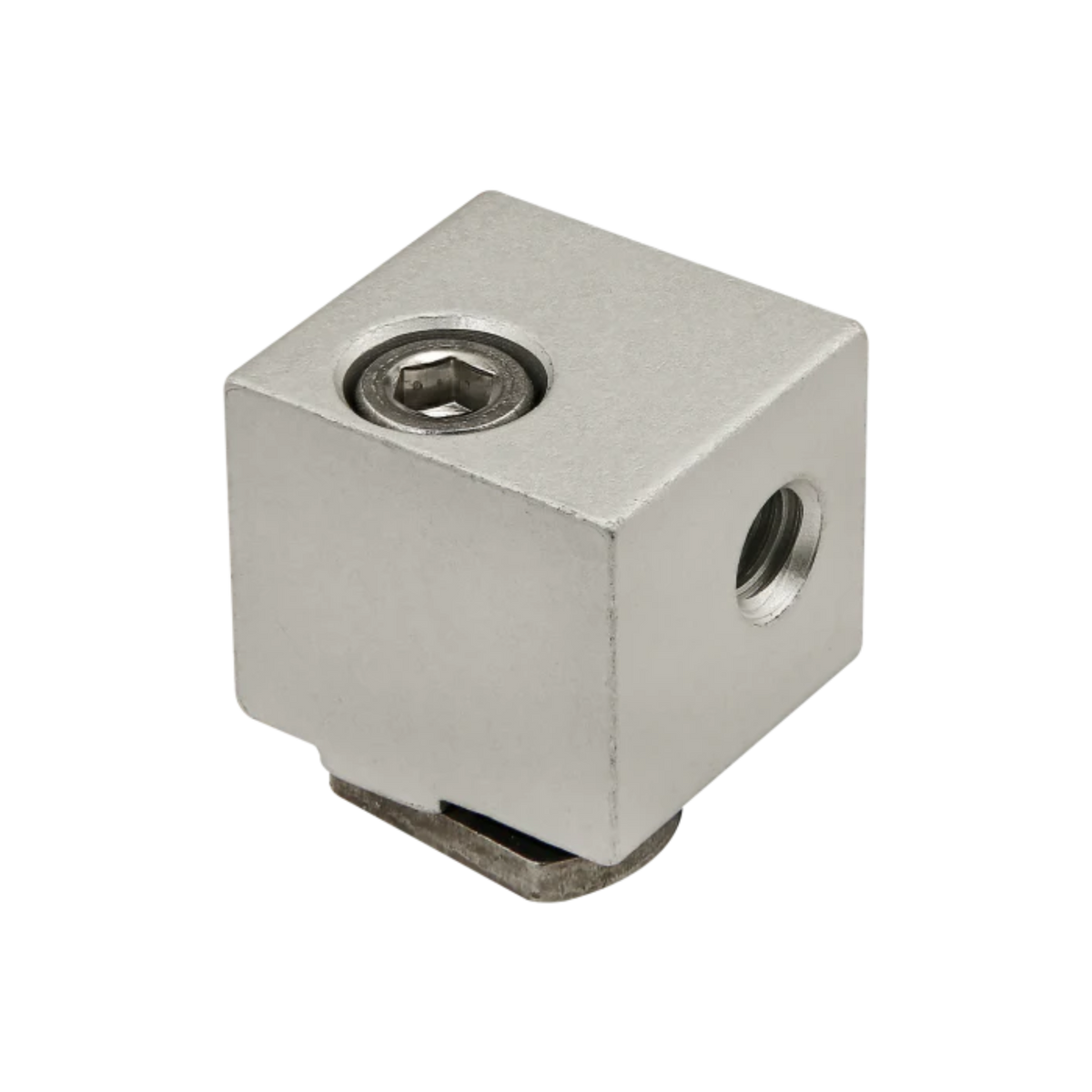 aluminum square block with a hexhead screw on the top left and a port on the right side