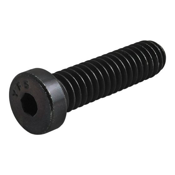 side view of a black socket head cap screw with the head on the left and a long threaded stem on the right