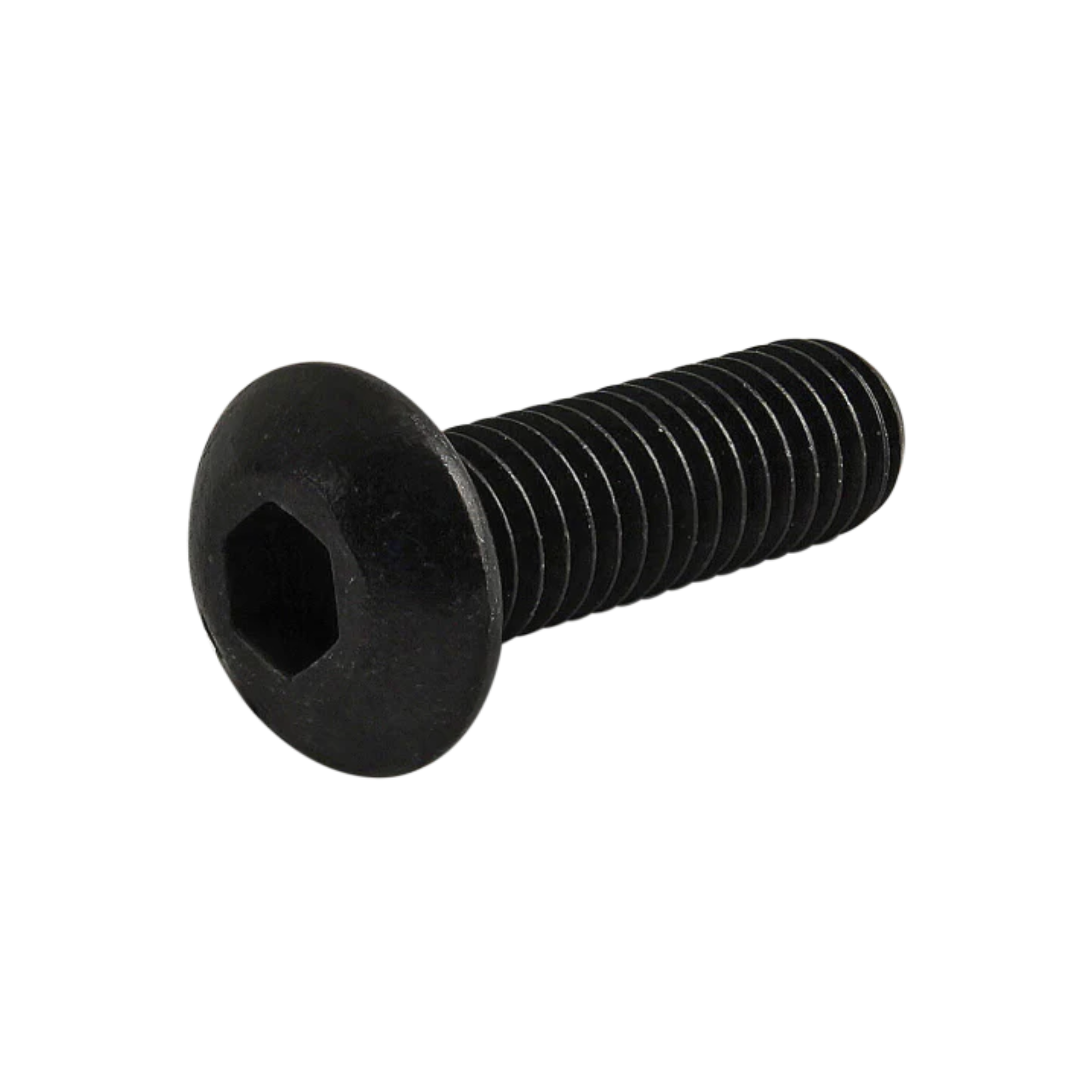 side view of a black button head screw with the head on the left and the threaded stem pointing toward the right