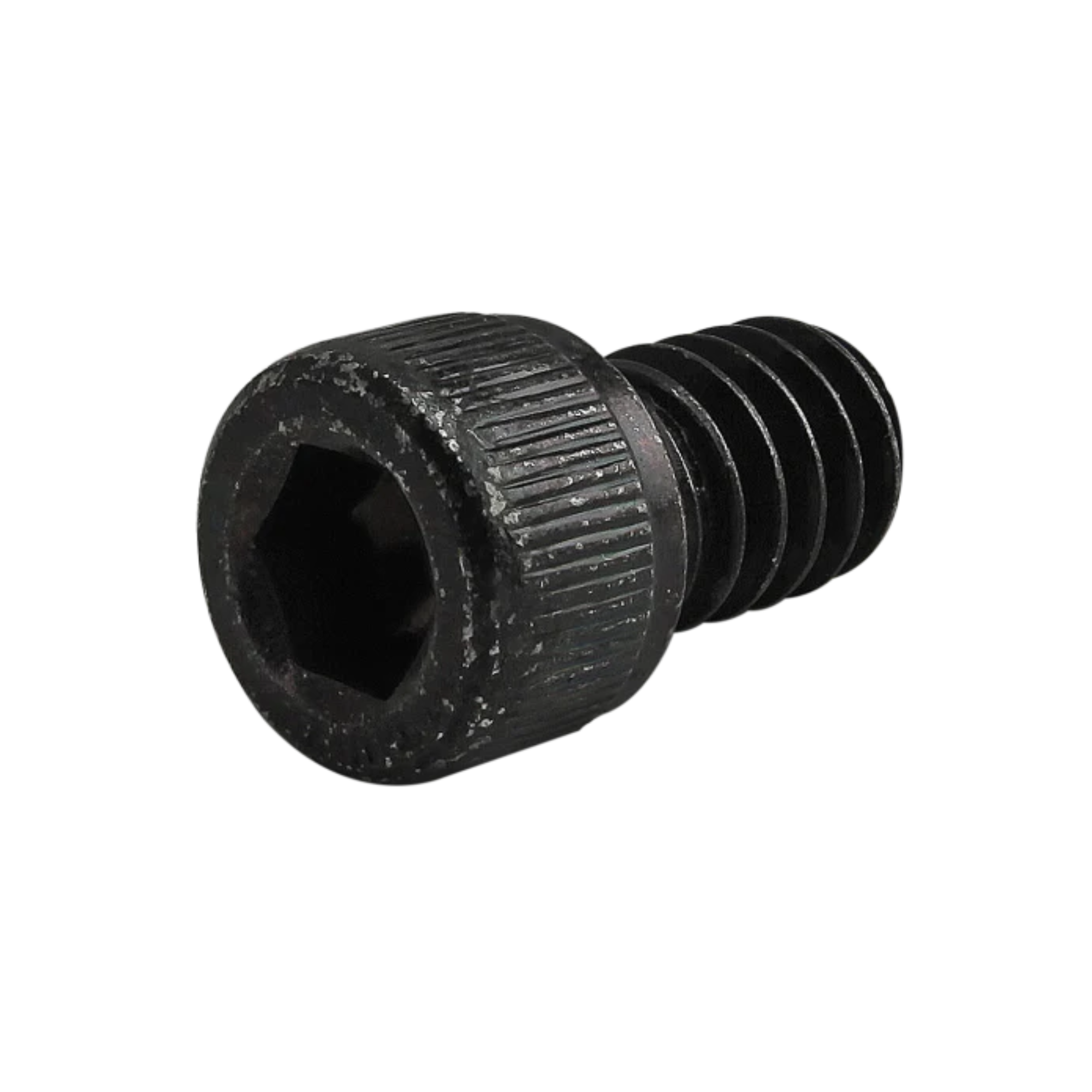 black socket head cap screw with the head on the left and threading on the right