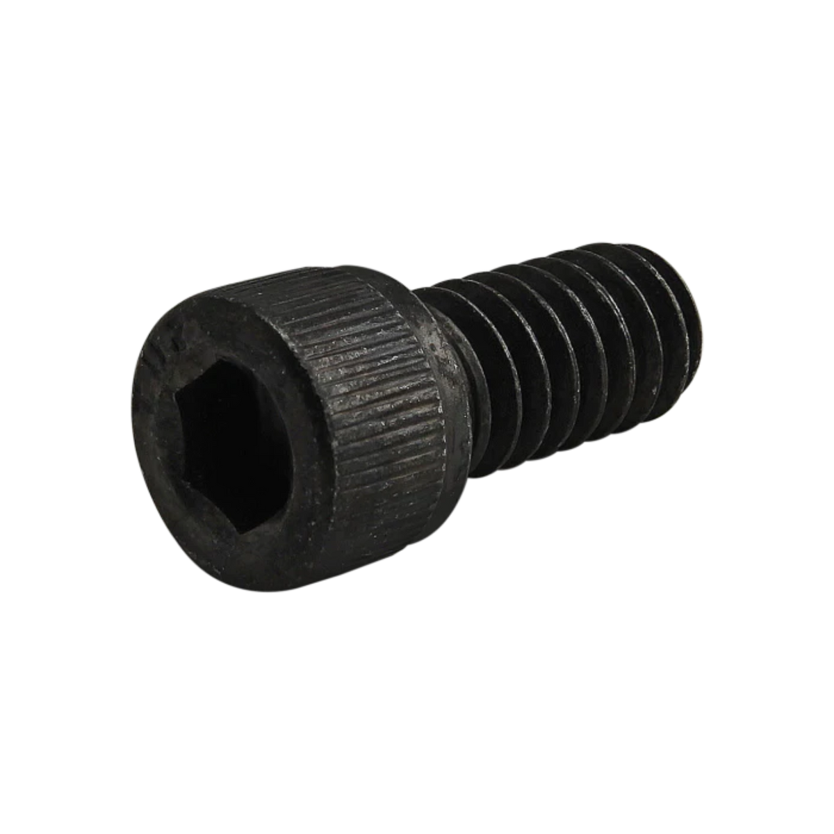 side view of a black socket head cap screw with the head on the left and the threading on the right