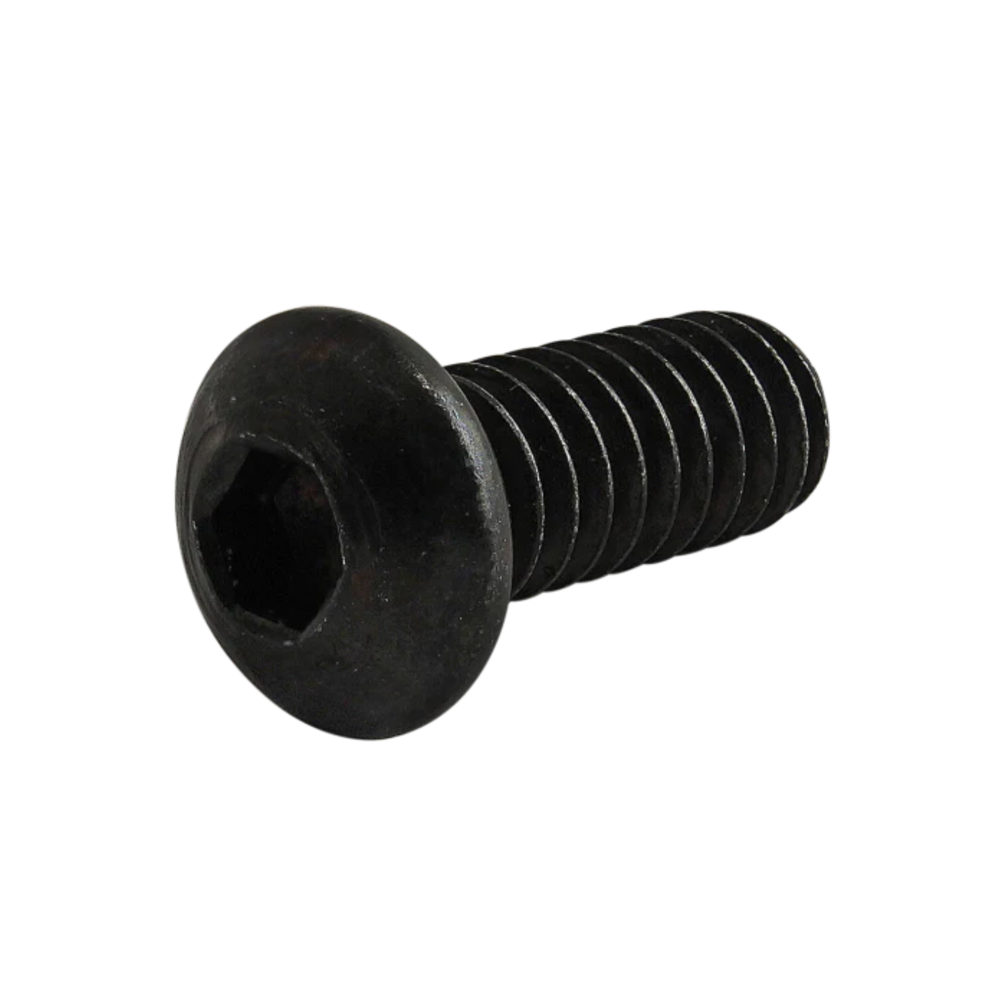 side view of a black metal screw with a hex head on the left and threading on the right