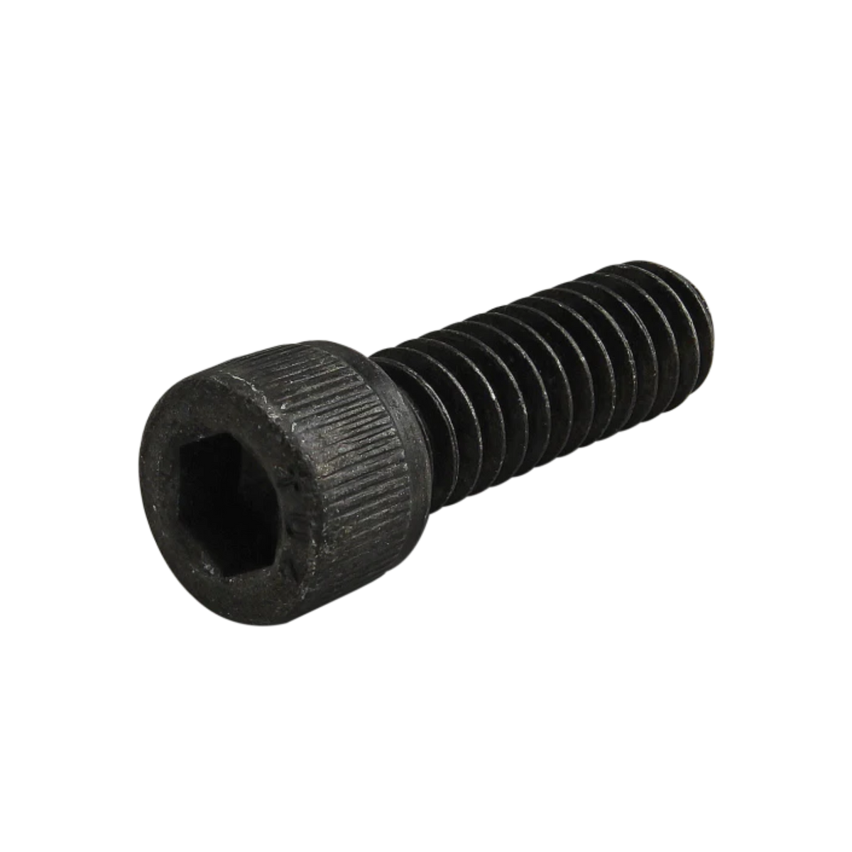 side view of a black metal screw with a hex head on the left and threading on the right