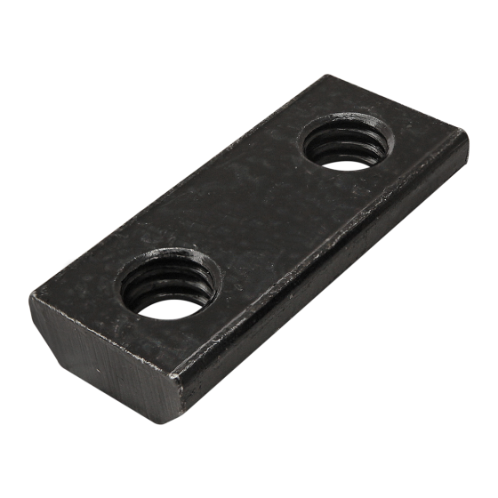 top view of a black, rectangular t-nut with angled sides at the bottom and a flat top and a threaded hole at each end