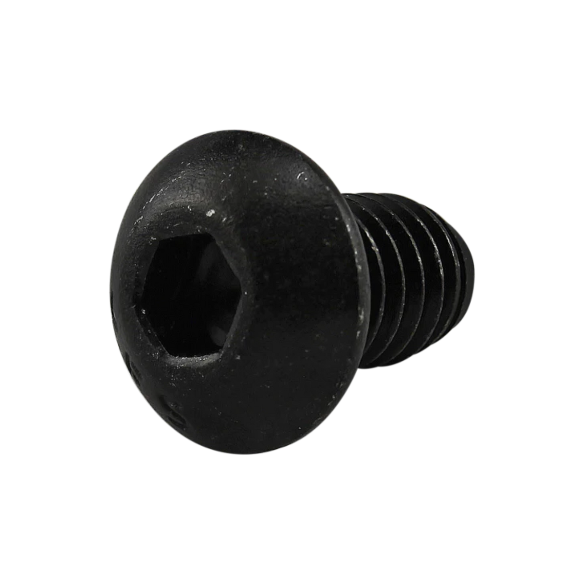 side view of a black screw with a hex head on the left and short threaded stem on the right