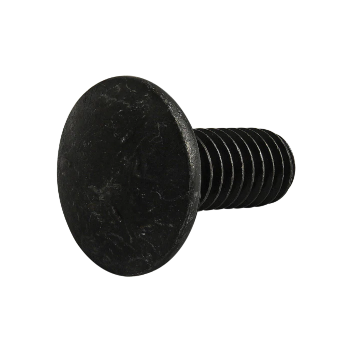 side view of a black t-slot stud with a flat rounded head on the left and a threaded stem on the right