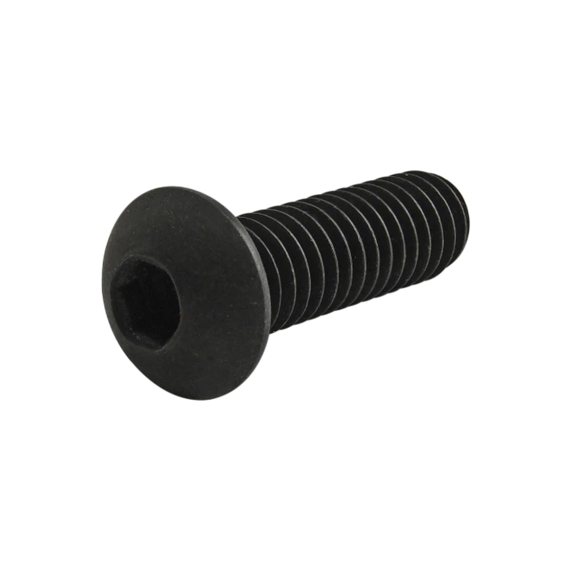 side view of a black button head screw with the head on the left and the threaded stem pointing toward the right