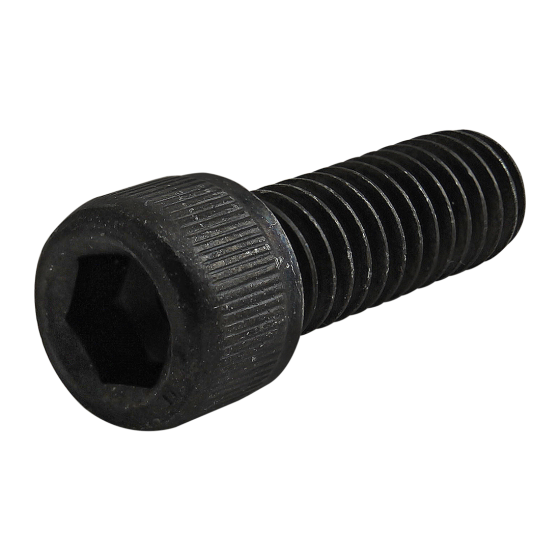 front side view of a black socket head cap screw with the head on the left and the threading on the right