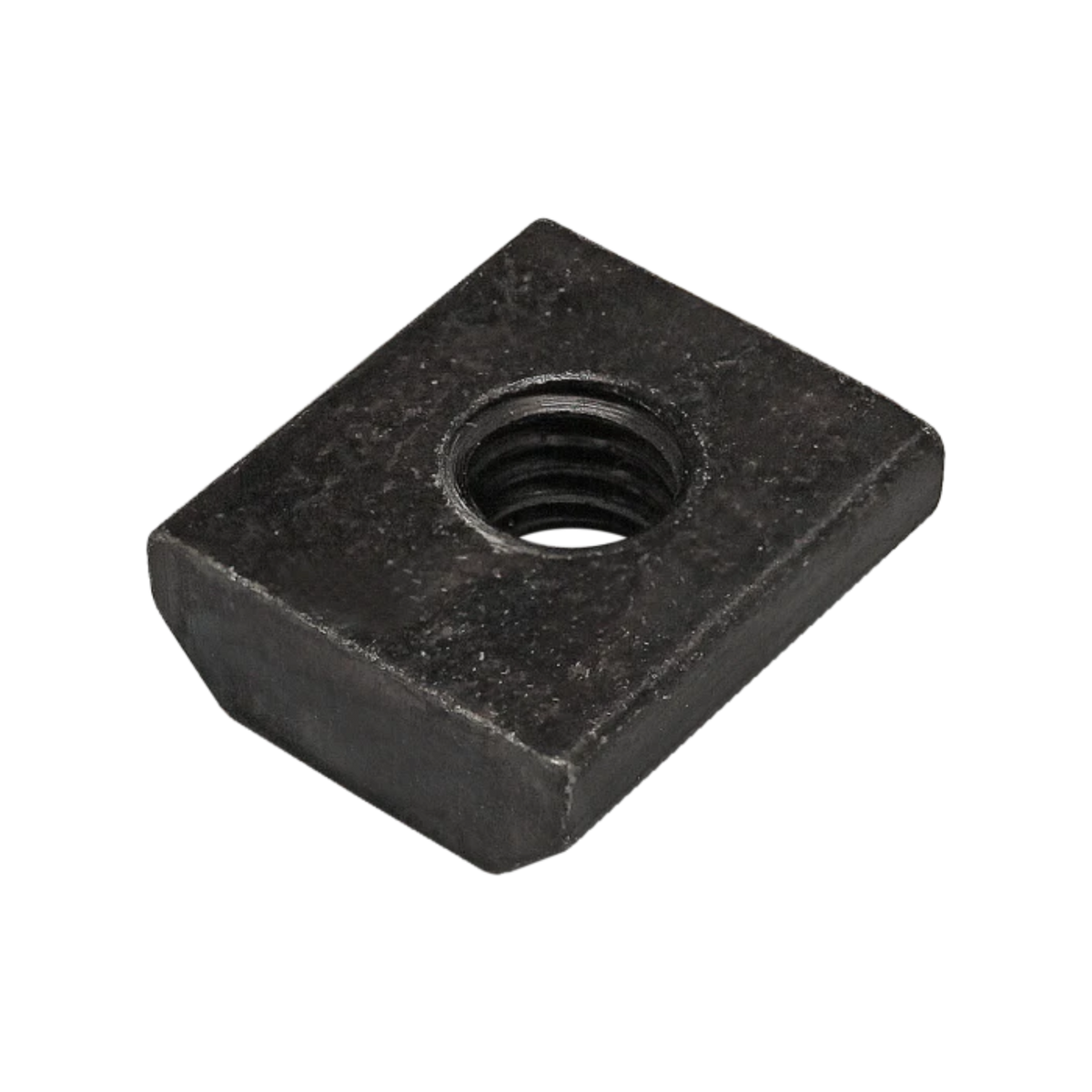 black, metal, square t-nut with a rounded bo0ttom and a threaded hole in the top