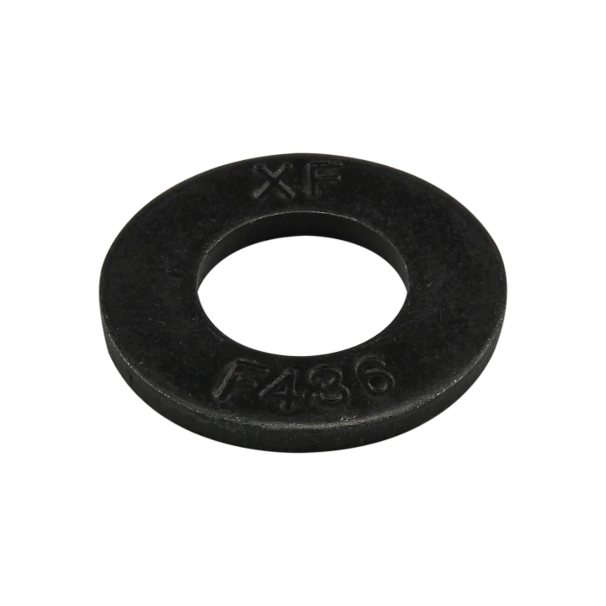 metal round washer with letters XF stamped on the top and F436 stamped on the bottom