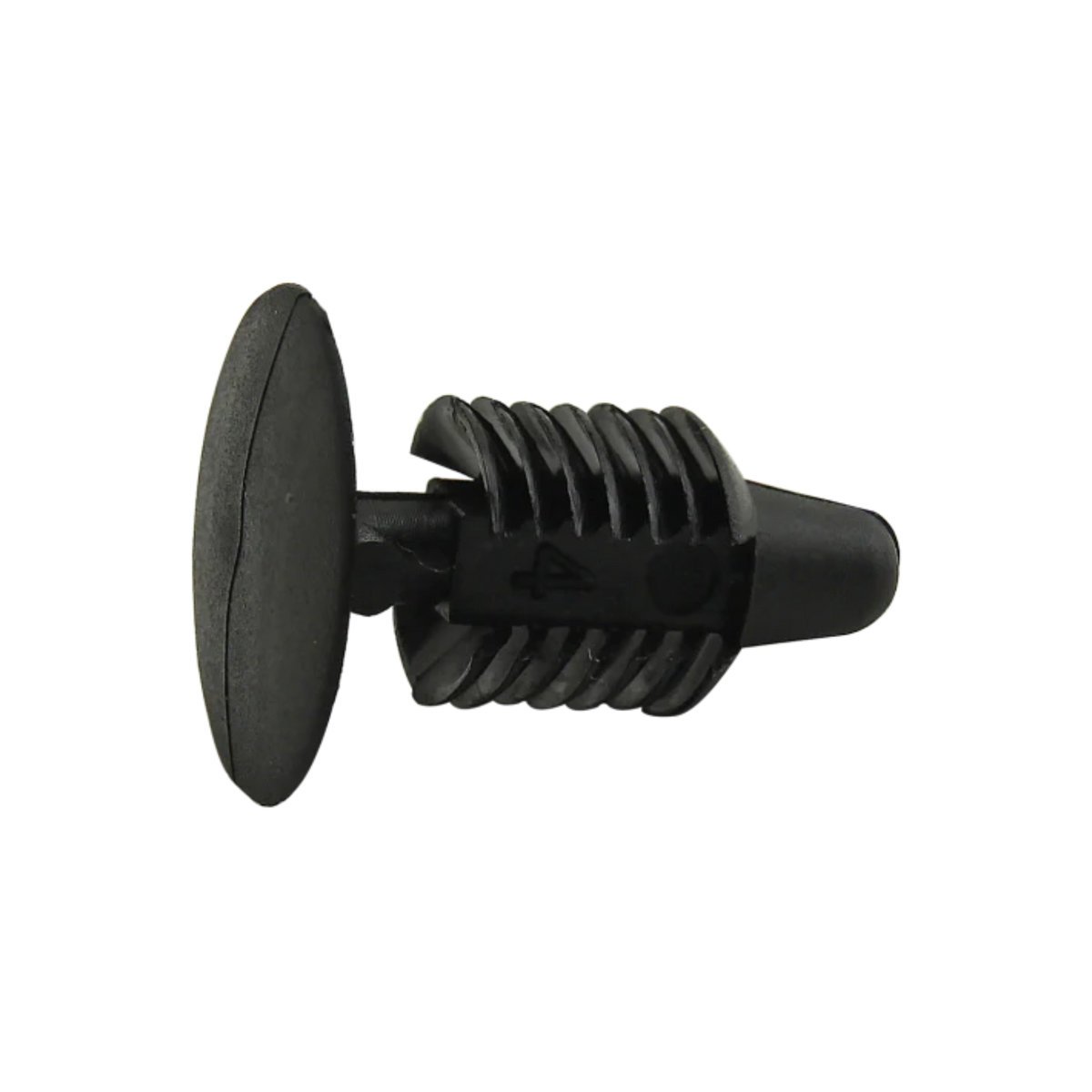 side view of a black push-in fastener with a flat round head on the left and a threaded push in stem on the right