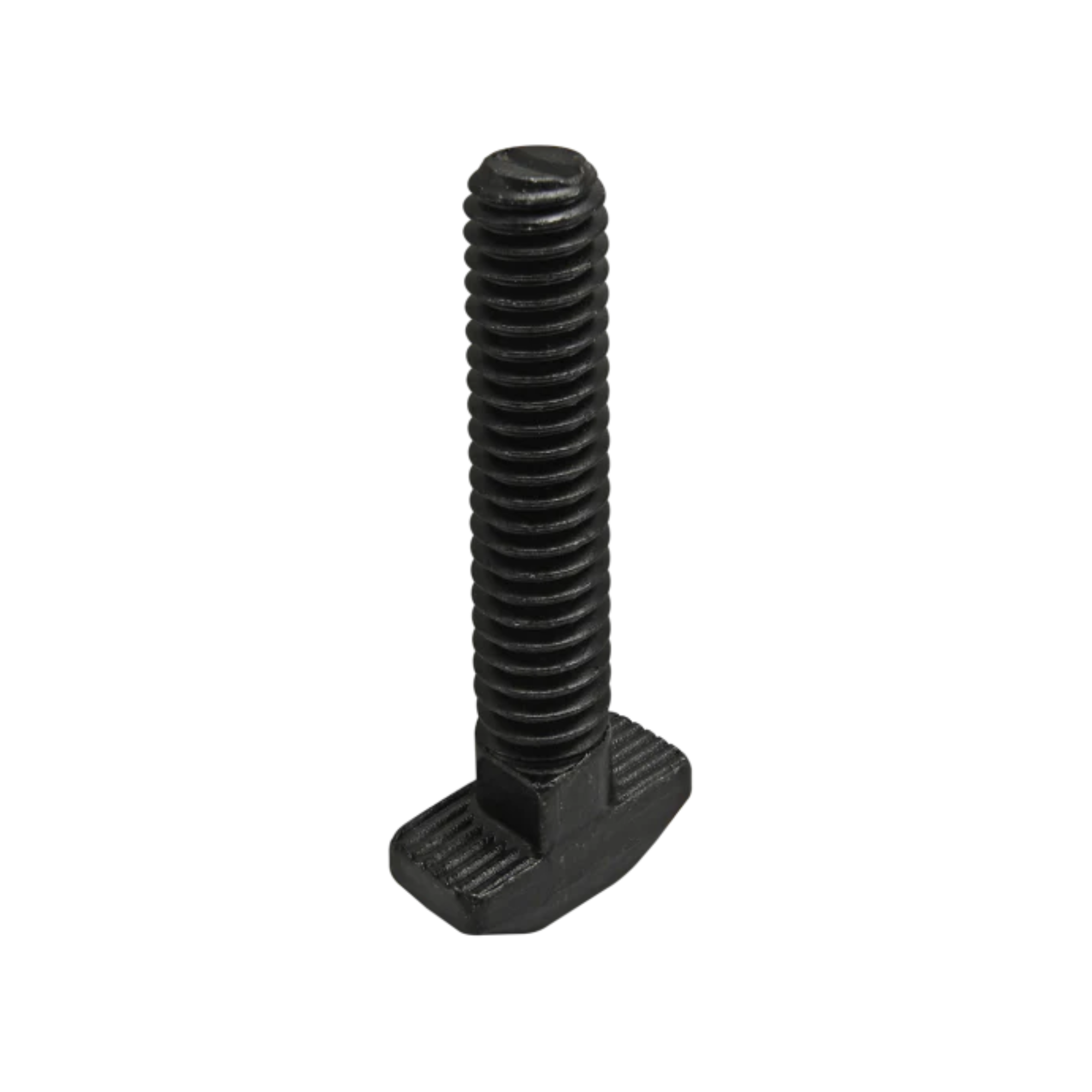 black t-slot stud with a rectangular base and a long threaded stem pointing upward