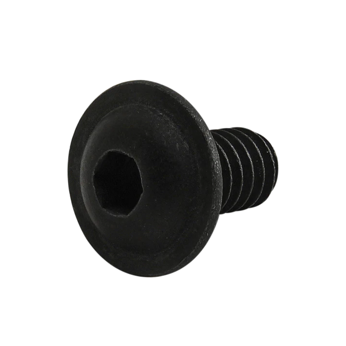 side view of a black metal screw with the head on the left and threading on the right