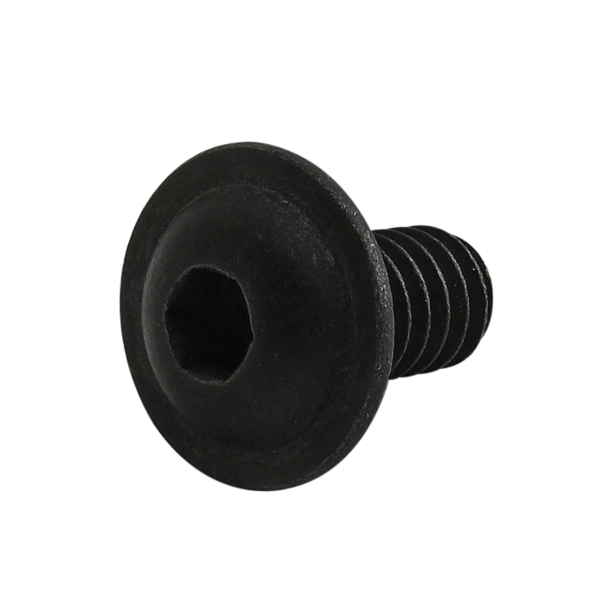 side view of a black metal screw with the head on the left and threading on the right