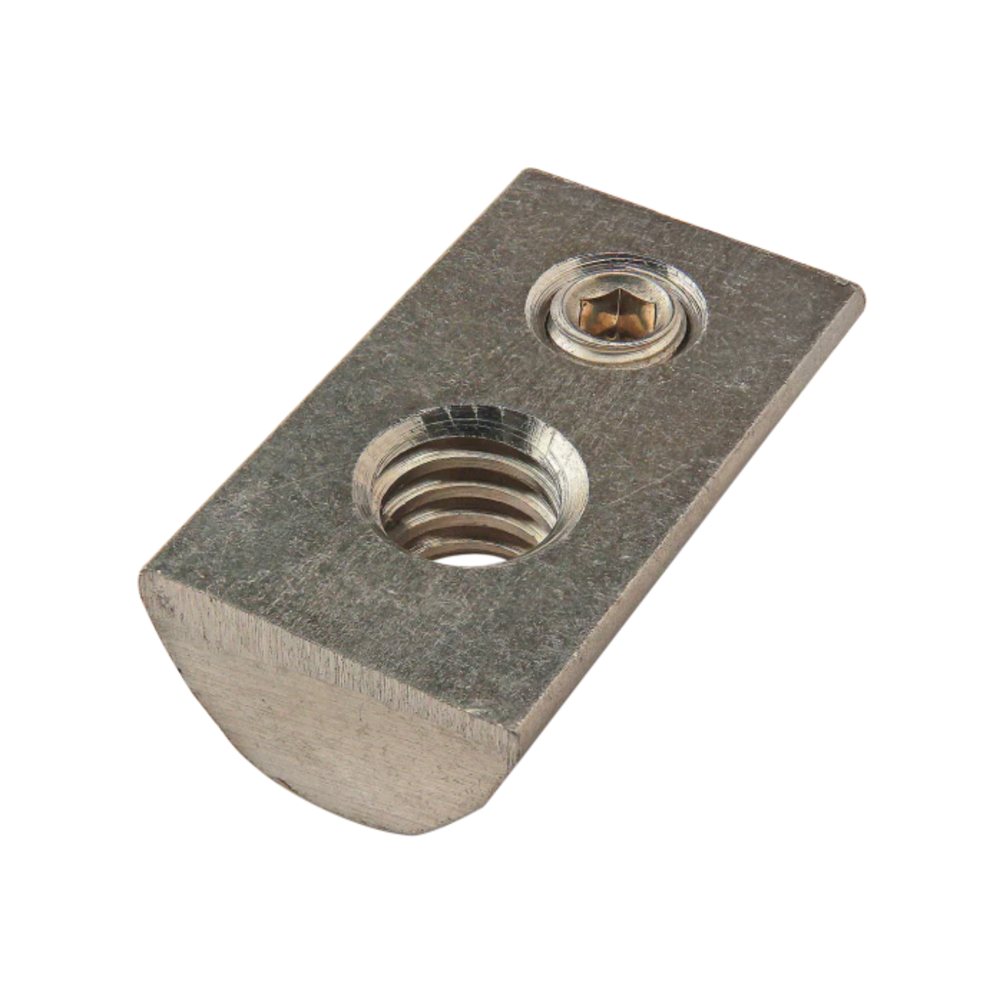 metal, rectangular t-nut with a rounded bottom and flat top, a threaded hole on one side and a screw set in a hole on the other side