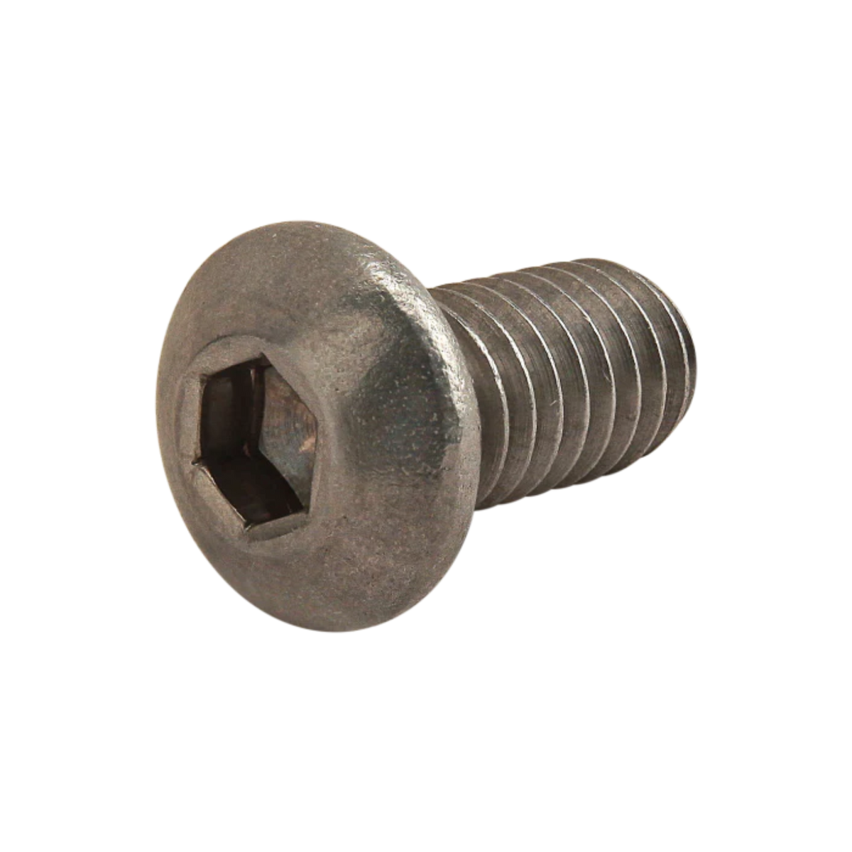 side view of a metal button head screw with the head on the left and the threaded stem pointing toward the right