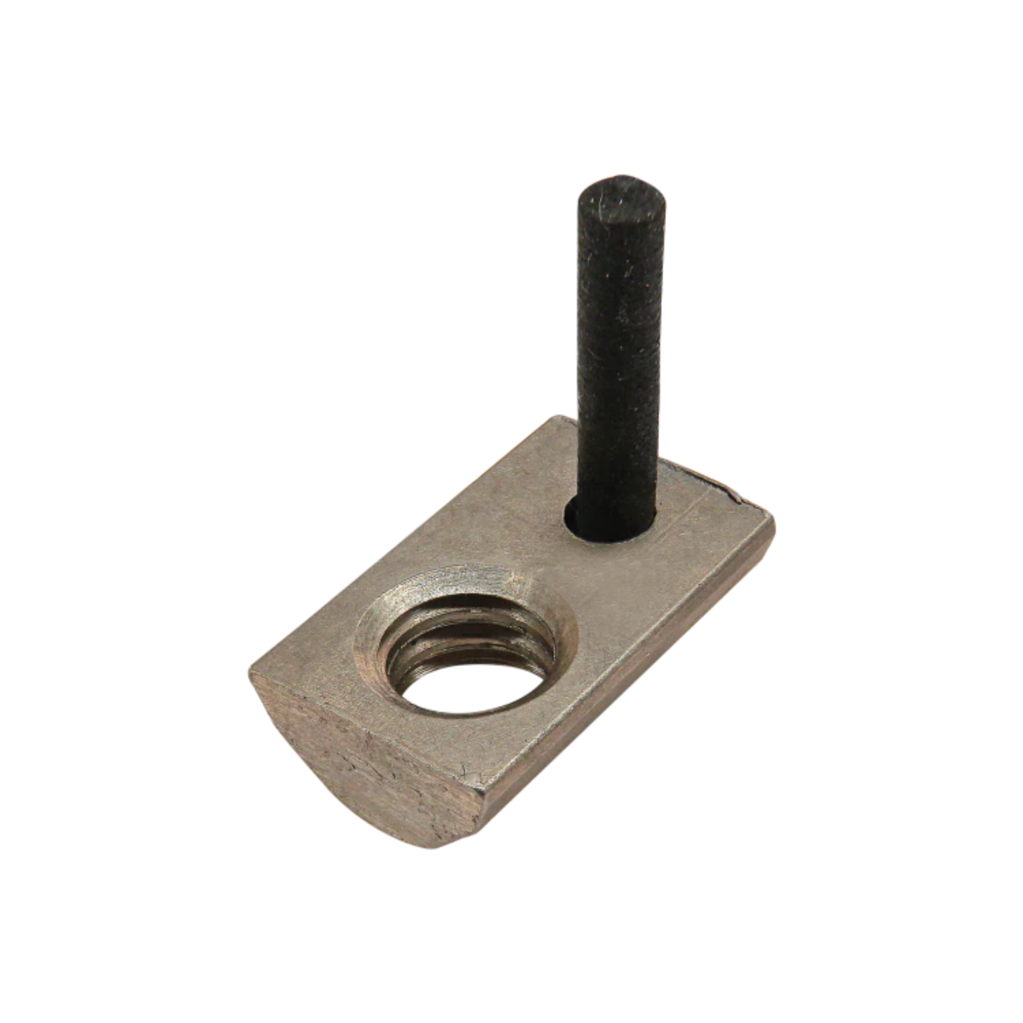 metal, rectangular t-nut with a rounded bottom and a flat top, and large threaded hole on the left side and a small hole on the right side with a cylindrical handle inserted