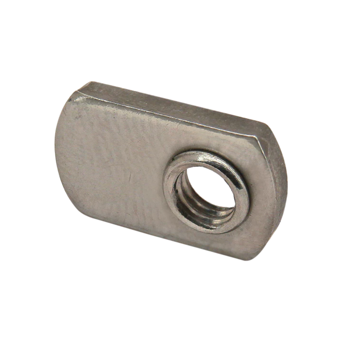 side view of a rectangular t-nut with rounded ends and a threaded hole on the right side
