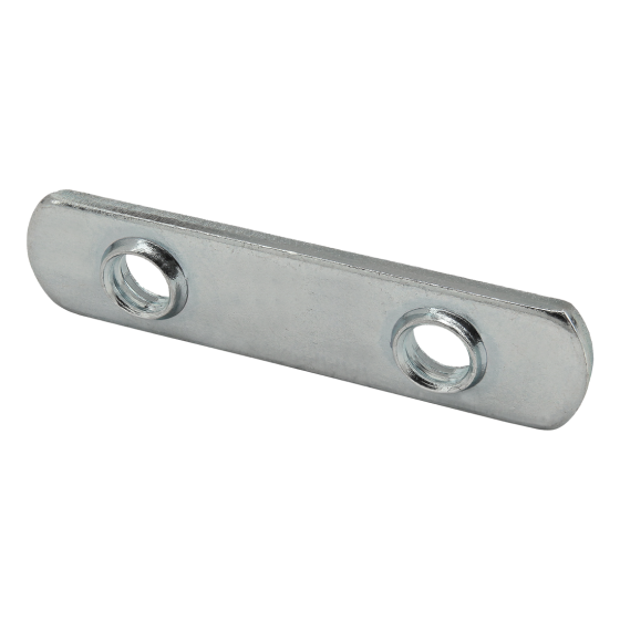 side view of a long rectangular t-nut with rounded ends and a mounting hole on each side