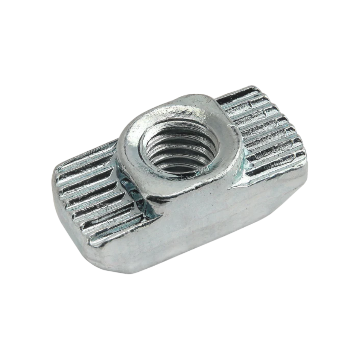 metal, rectangular t-nut with a rounded bottom, a raised center, and a threaded hole in the center
