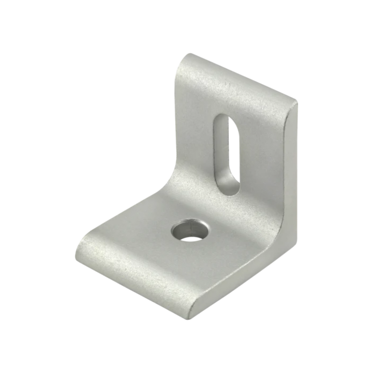 grey, metal corner bracket with the corner on the right side that has a round hole in the bottom piece and an oval hole in the side piece