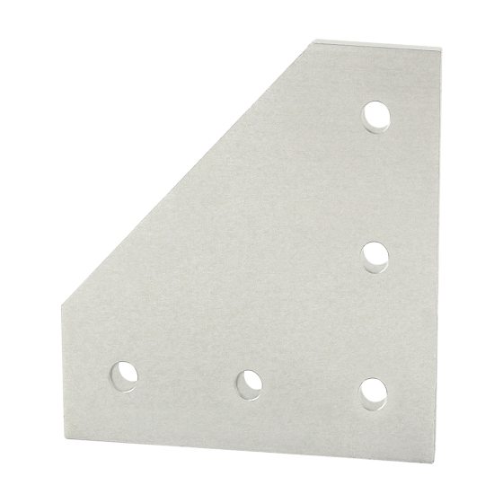 side view of a rectangle angled flat plate with the top left corner angled, and five mounting holes along the sides
