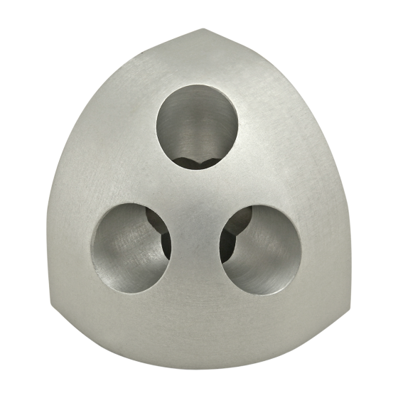 rounded triangular, aluminum piece with three holes