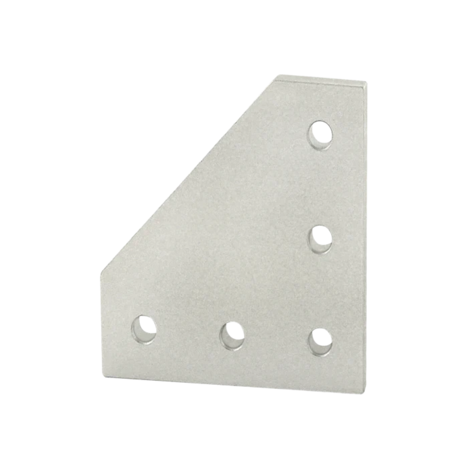 side view of a flat, rectangular mounting plate with five holes and an angled top left corner