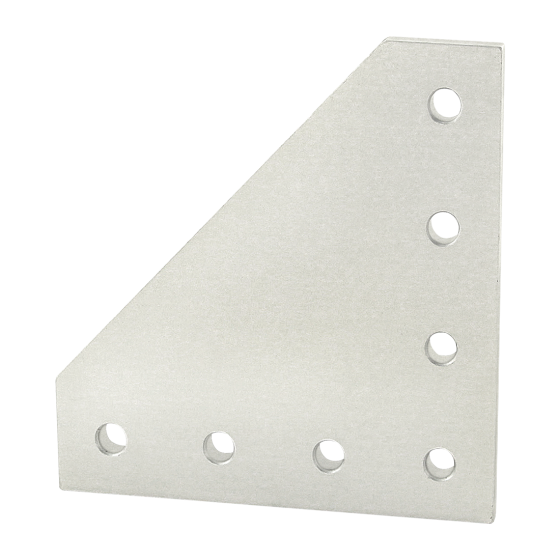 front view of a flat square plate with the top left corner cut at an angle, four holes along the bottom, and four holes along the right side