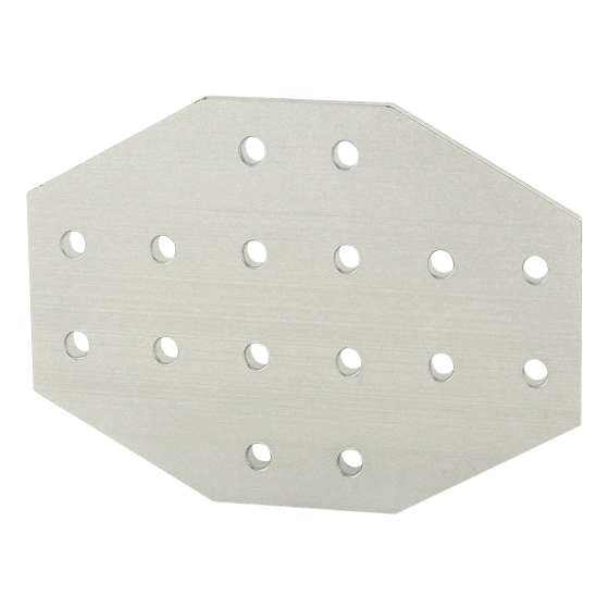 flat plate with angled corners and 16 holes throughout it