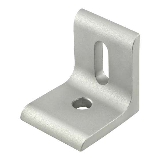side view of a metal corner bracket with a round hole in the bottom piece and an oval hole in the right side piece