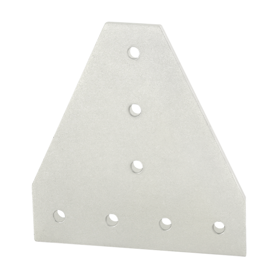 side view of a tee joining plate with angled top left and right corners, four holes along the bottom, and three holes vertically in the center