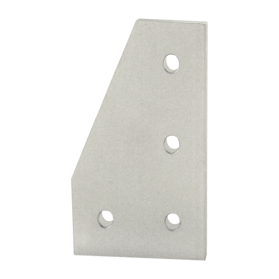 side view of a metal rectangular joining plate with an angeled corner cut off the top left side, two holes along the bottom, and three holes along the right