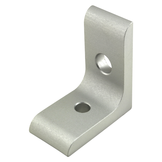 side view of a corner bracket with the corner on the right side and one mounting hole in each side of the corner bracket