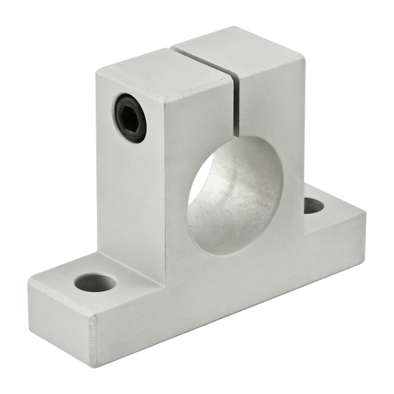 side view of a stanchion base that has a thick rectangular bottom portion with a mounting hole on each side and a square piece extending out from the center that has a hole in the middle