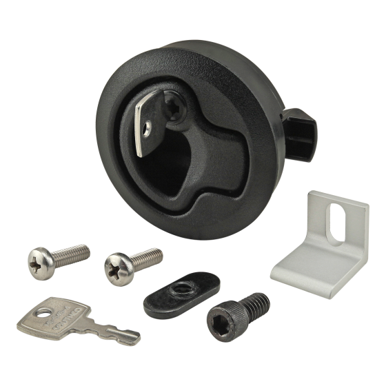 black, circular handle unit with a key inserted into it and three screws, a t-nut, a corner bracket, and a key all pictured below the handle unit