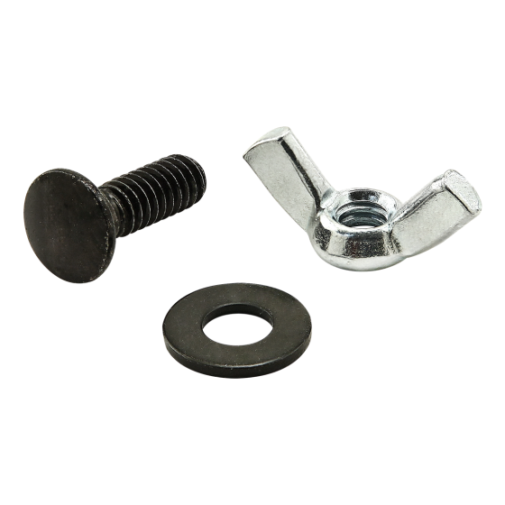 black screw pictured on the left side, wing-nut pictured on the right side, and a black washer below them