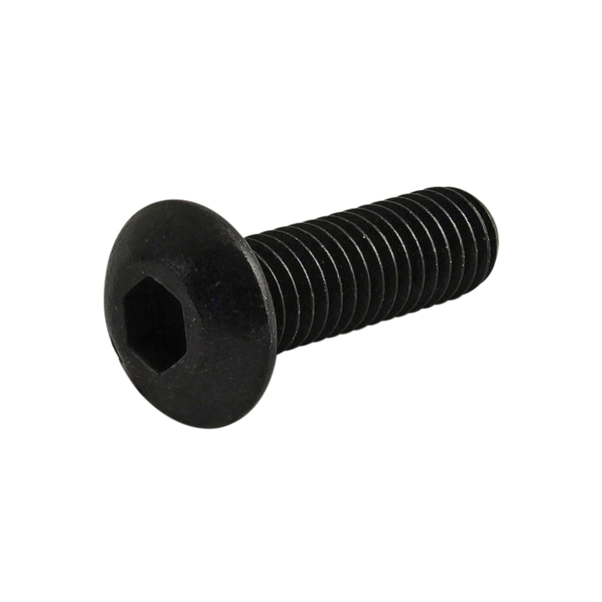 side view of a black button head screw with the head on the left and the threaded stem pointing toward the right