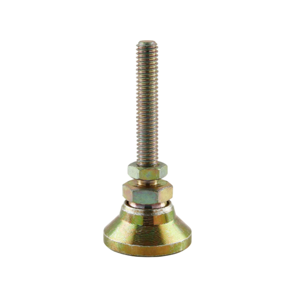 brass leveling foot with a rounded base at the bottom, a long threaded stem pointing upwards with two nuts at the bottom of the thread